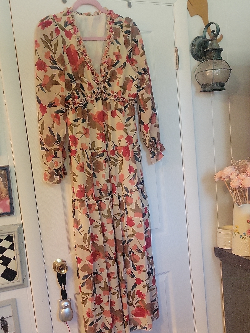 Floral Tiered V-Neck Maxi Dress in Cream and Coral